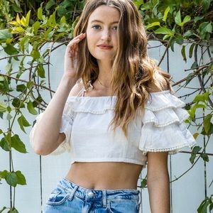 En Crème Ruffle Smocked Embroidered Cold Shoulder Crop Top